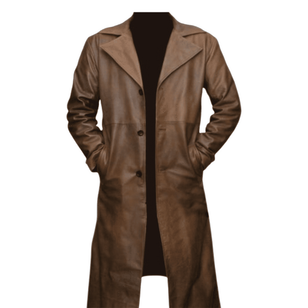 Mens Brown Genuine Leather Stylish Trench Coat