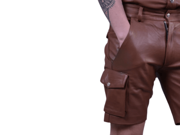 Mens Real Leather Brown Casual Club Wear Leisure Winter Cargo Leather Shorts - Attileo Handmade Adult Leather Products