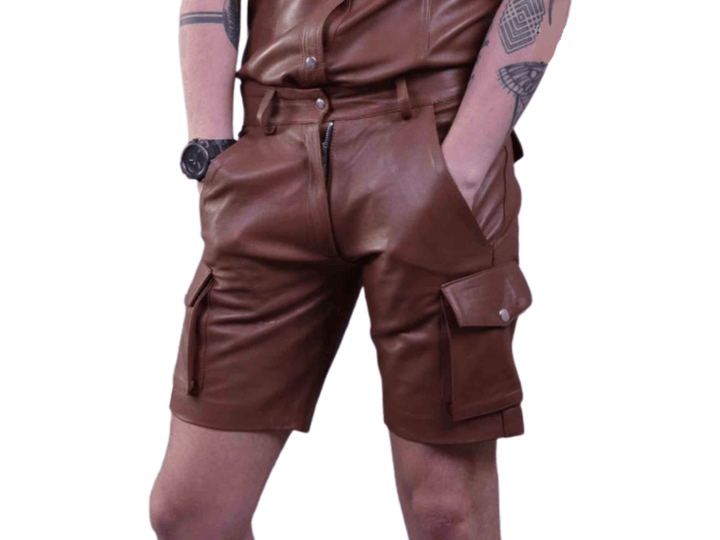 Mens Real Leather Brown Casual Club Wear Leisure Winter Cargo Leather Shorts - Attileo Handmade Adult Leather Products