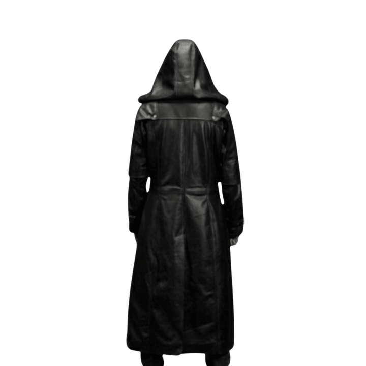 Mens Long Black Genuine Leather Big Hooded Trench Coat 
