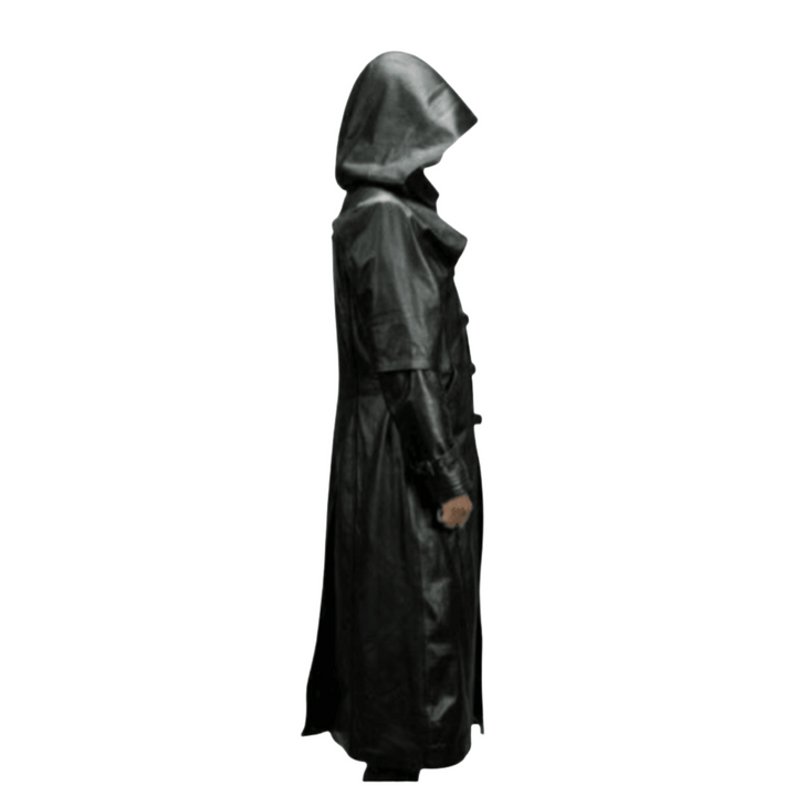 Mens Long Black Genuine Leather Big Hooded Trench Coat 