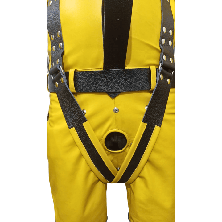 bdsm leather outfit,
full body bondage suit,
straitjacket with shorts,
fetish restraint jacket,
custom bondage gear,
heavy-duty bondage straps,
leather fetish outfit,
bdsm restraint wear,
handmade leather bondage suit,
leather straitjacket costume,
bdsm roleplay outfit,
bondage clothing for men,
fetishwear leather,
erotic bondage jacket,