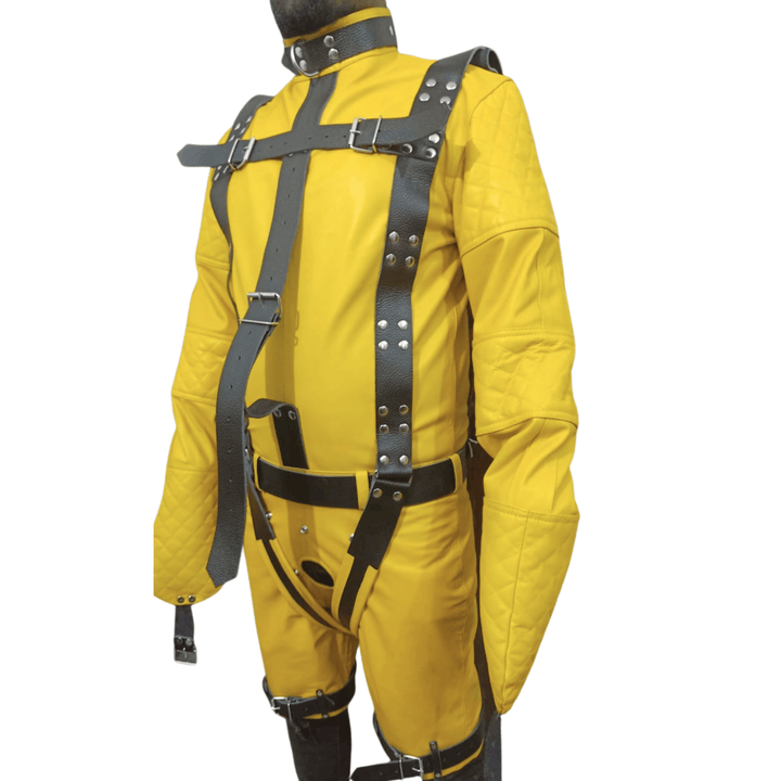 leather fetish outfit,
bdsm restraint wear,
handmade leather bondage suit,
leather straitjacket costume,
bdsm roleplay outfit,
bondage clothing for men,
fetishwear leather,
erotic bondage jacket,
yellow leather bondage straitjacket and shorts set,
custom made leather straitjacket for fetish play,
handmade bondage straitjacket with harness straps,