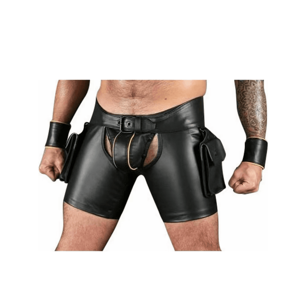 Gay Real Leather Shorts with Jockstrap, Wrist Bands and Removable Cargo Pockets