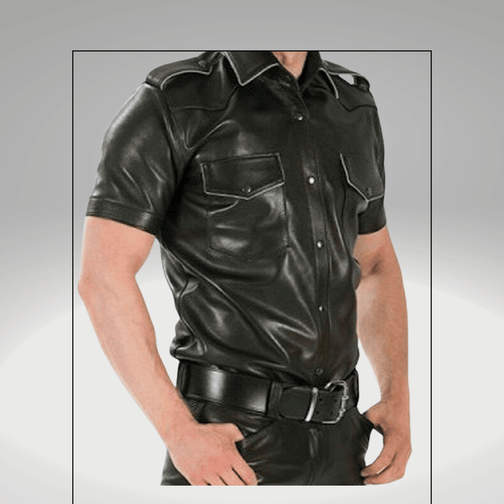 Black Genuine Leather Short Sleeve Western Style Shirt for Men