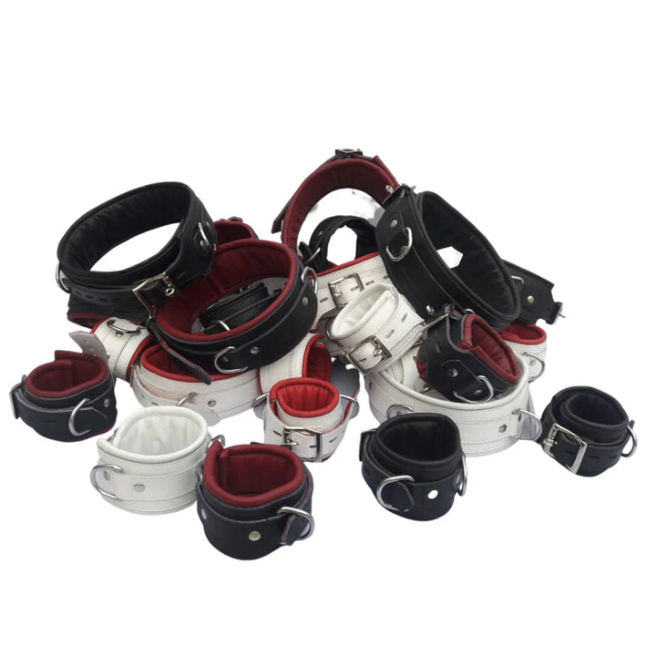 BDSM Real Leather Bondage Padded and Locking Thigh Wrist Cuffs Sex Restraints Set of 7 - Attileo Handmade Adult Leather Products
