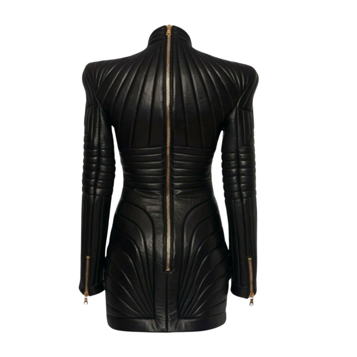 Women Genuine Black Leather Long Sleeve Mini Dress Outfit