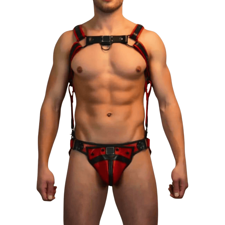 men’s fetish costume,
men’s red and black leather harness with jockstrap,
genuine leather fetish harness set,
handmade leather harness for men,
premium leather jockstrap set,
full body harness for men,
leather harness with detachable jockstrap,
custom leather harness men,
men’s party and clubwear harness,
fetish body harness and jockstrap combo,