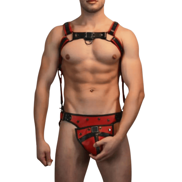 men’s leather harness,
leather harness with jockstrap,
men’s fetish harness,
red and black leather harness,
men’s bondage harness,
leather body harness men,
leather jockstrap harness,
men’s fetish gear,
leather chest harness men,
men’s leather jockstrap,
fetish leather body harness,
adjustable leather harness men,
men’s cosplay harness,
harness set for men,
gay leather harness,
pride leather harness,
BDSM harness for men,
leather harness outfit,
men’s fetish costume,