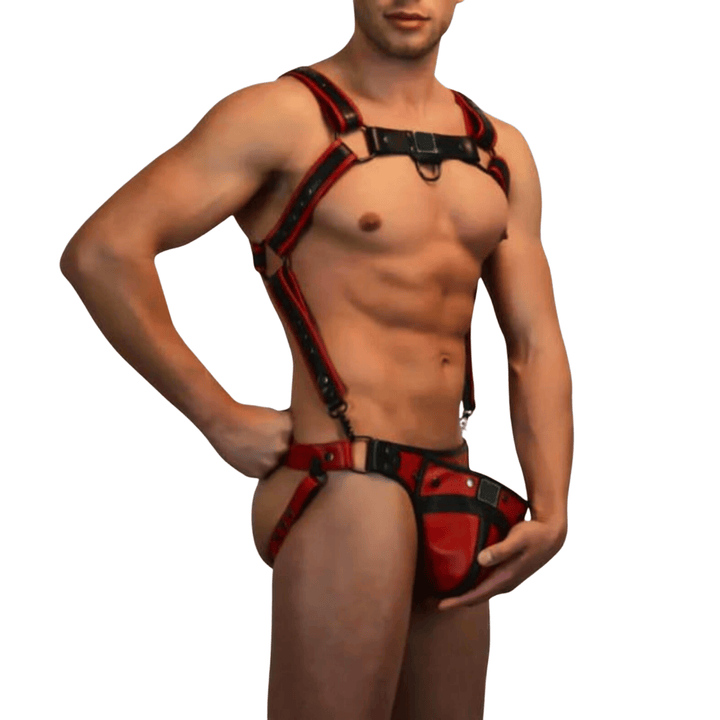 leather harness with jockstrap,
men’s fetish harness,
red and black leather harness,
men’s bondage harness,
leather body harness men,
leather jockstrap harness,
men’s fetish gear,
leather chest harness men,
men’s leather jockstrap,
fetish leather body harness,
adjustable leather harness men,
men’s cosplay harness,
harness set for men,
gay leather harness,
pride leather harness,
BDSM harness for men,
leather harness outfit,