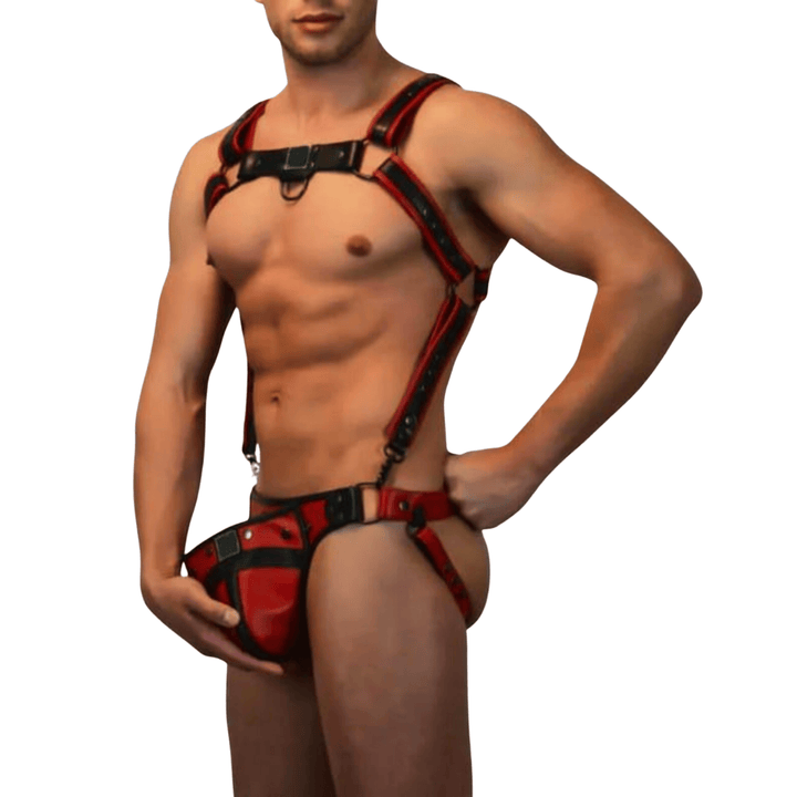 fetish leather body harness,
adjustable leather harness men,
men’s cosplay harness,
harness set for men,
gay leather harness,
pride leather harness,
BDSM harness for men,
leather harness outfit,
men’s fetish costume,
men’s red and black leather harness with jockstrap,