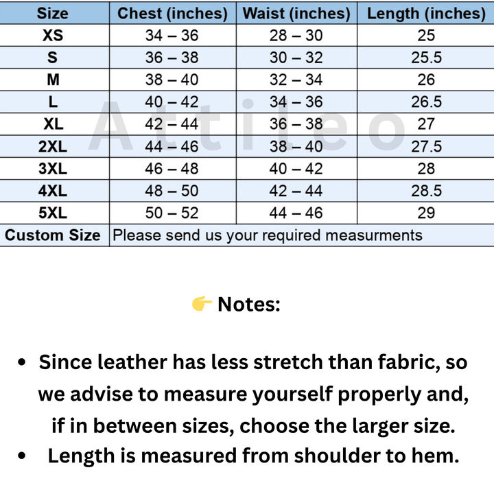 Size Chart for Sleeveless Tank Top