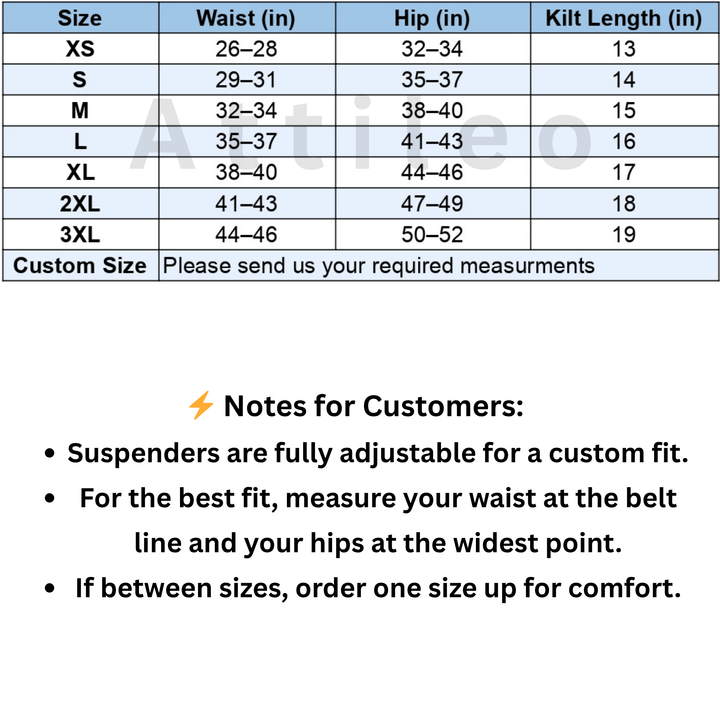 Size Chart of Leather Kilt with Harness