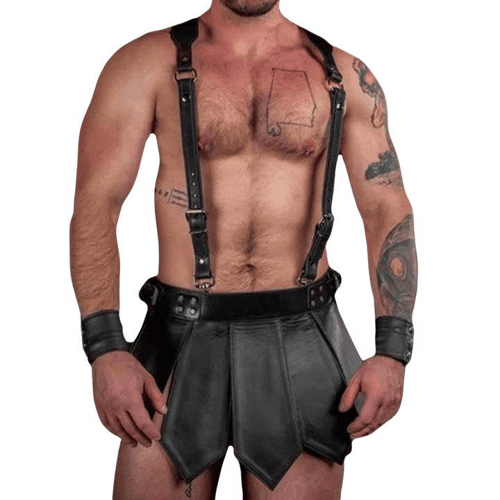gay leather gladiator costume,
leather kilt with suspenders,
leather kilt pride outfit,
gay clubwear leather kilt,
leather chest harness with kilt,
gladiator leather outfit for men,
fetish leather kilt with harness,
men’s leather gladiator kilt with harness and suspenders,
leather fetish kilt outfit with chest harness,
men’s leather cosplay gladiator kilt with straps,
premium leather fetish wear set with harness,
leather pride outfit with kilt and wristbands,
gladiator leather kilt for gay clubwear,
