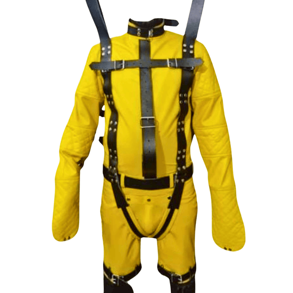 leather bondage costume,
bdsm leather outfit,
full body bondage suit,
straitjacket with shorts,
fetish restraint jacket,
custom bondage gear,
heavy-duty bondage straps,
leather fetish outfit,
bdsm restraint wear,
handmade leather bondage suit,
leather straitjacket costume,
bdsm roleplay outfit,
bondage clothing for men,
fetishwear leather,
erotic bondage jacket,
yellow leather bondage straitjacket and shorts set,
custom made leather straitjacket for fetish play,