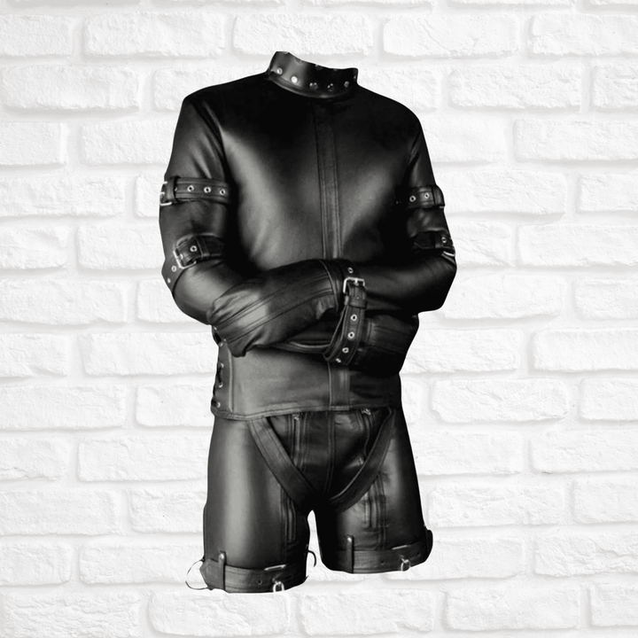 Leather suit with buckles,
BDSM full body restraint,
Men's leather control suit,
Black leather BDSM suit,
Customizable leather bondage gear,
Stylish leather restraint suit,
Leather jacket for bondage,
BDSM accessories for couples,
Leather suit for roleplay,
Intimate leather wear,
Male restraint gear,
Adjustable leather BDSM suit,
Luxury leather bondage outfit,
Restraint suit for beginners,
Leather bondage outfit ideas,
High-quality men's BDSM gear