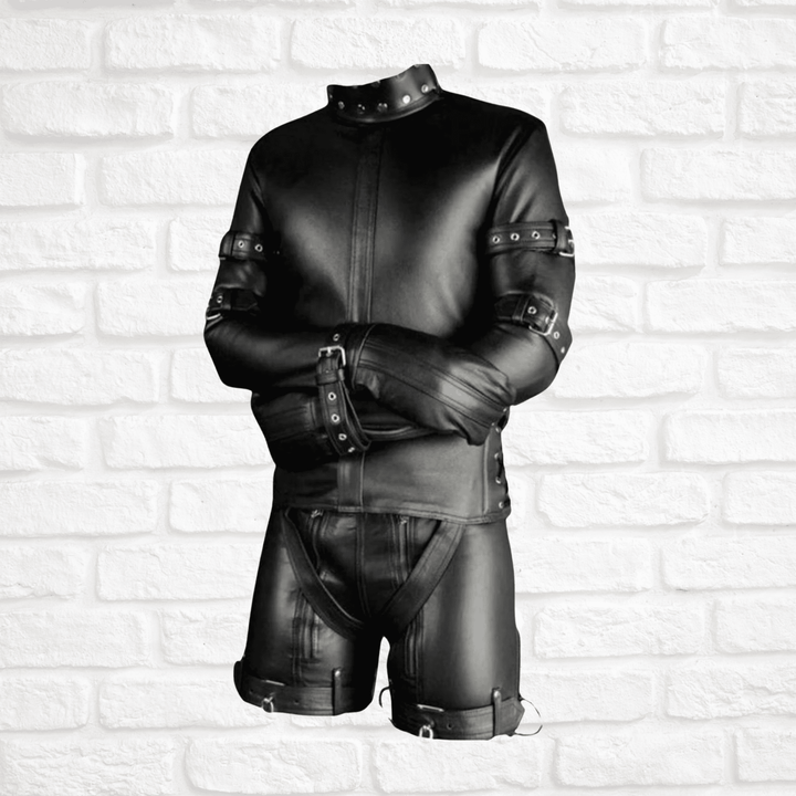 leather bdsm gear Men's Black Leather Full Body Restraint Suit with Adjustable Straps – Attileo Leather USA