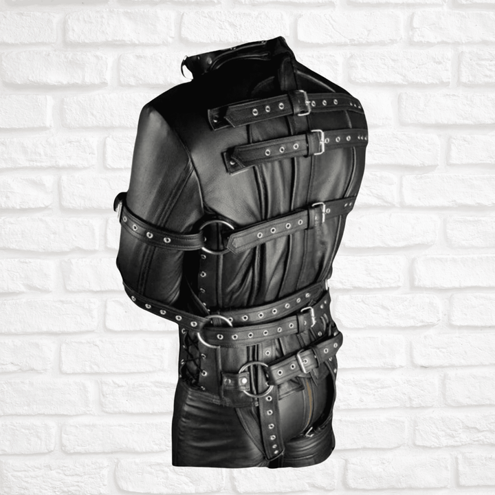 leather restraint suit,
Men's BDSM gear,
Black leather suit,
Full body bondage gear,
Leather bondage outfit,
Men's black leather restraint suit,
Full body leather bondage suit,
Adjustable strap BDSM gear,
Premium leather restraint outfit,
Leather suit with buckles,
BDSM full body restraint,
Men's leather control suit,
Black leather BDSM suit,
Customizable leather bondage gear,
Stylish leather restraint suit,
Leather jacket for bondage