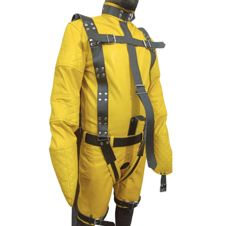 yellow leather straitjacket,
bondage gear for men,
leather restraint suit,
fetish bondage suit,
bdsm straitjacket,
leather bondage costume,
bdsm leather outfit,
full body bondage suit,
straitjacket with shorts,
fetish restraint jacket,
custom bondage gear,
heavy-duty bondage straps,
leather fetish outfit,
bdsm restraint wear,
handmade leather bondage suit,
leather straitjacket costume,
bdsm roleplay outfit,