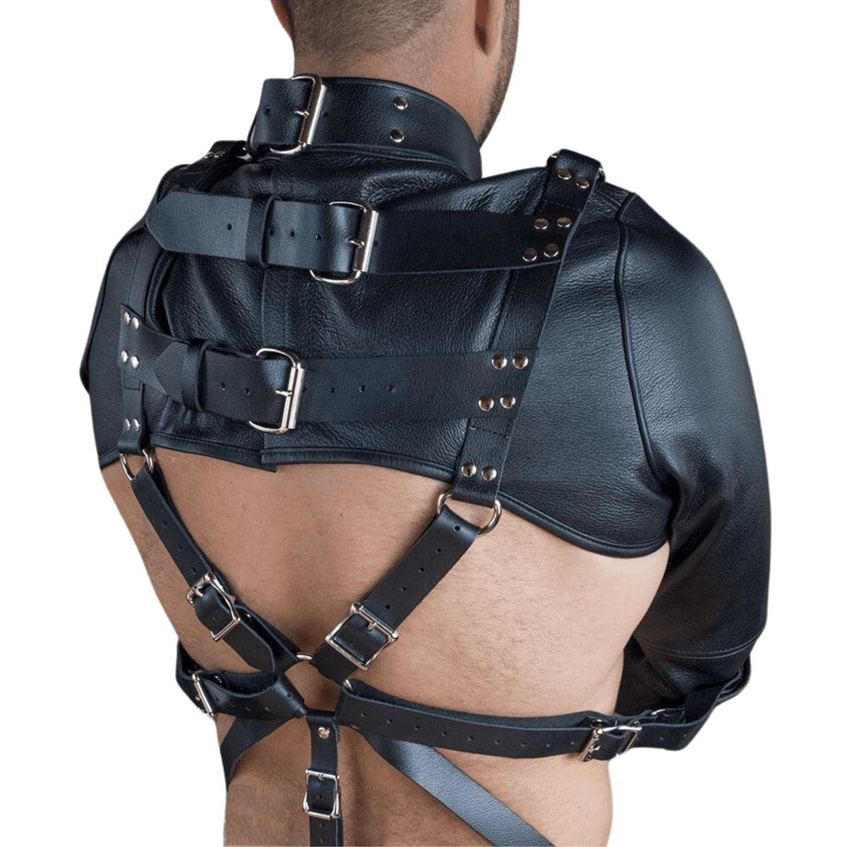 ノットコンベンショナル-bondage harness jacket- Black Leather Open Chest Straight Jacket – Attileo Leather USA