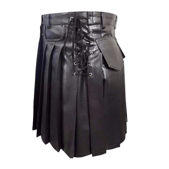 black leather kilt for cosplay and festivals,
premium leather kilt with snap button front,
durable pleated leather kilt for men,
men’s biker style leather kilt,