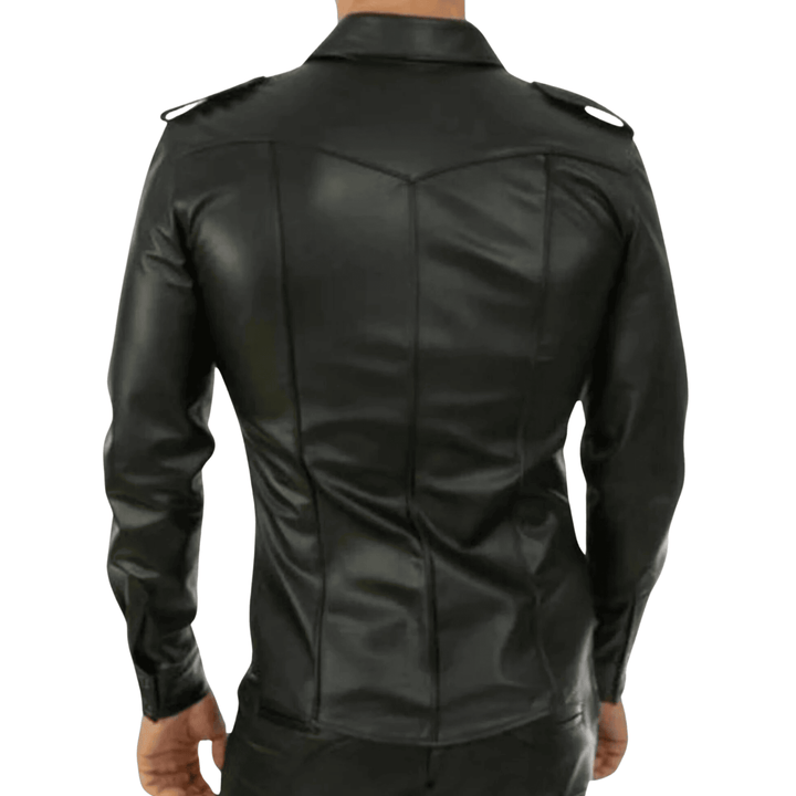 Mens Black Genuine Leather Long Sleeve Button Up Shirt