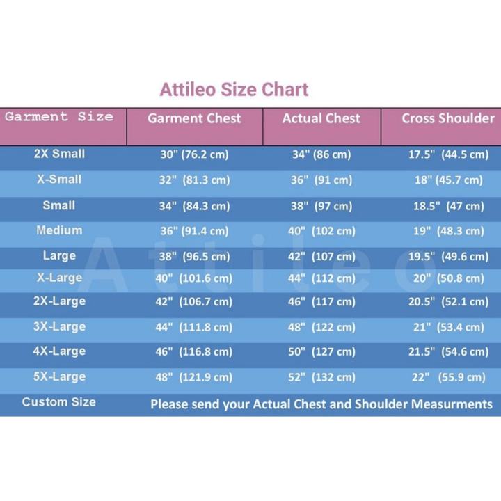 Attileo size chart for garment measurements