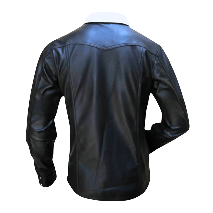 Men’s leather shirt,
Black leather shirt,
Genuine leather shirt,
Leather dress shirt men,
Leather button down shirt,
Long sleeve leather shirt,
Men’s black leather shirt,
White contrast collar shirt,
Leather casual shirt men,
Real leather shirt for men,
Stylish leather shirt,
Leather fashion shirt,
Designer leather shirt men,
Leather shirt with pocket,
Men’s black genuine leather shirt with white collar,
Black leather shirt for casual and formal wear,
Real leather shirt with button placket and pocket