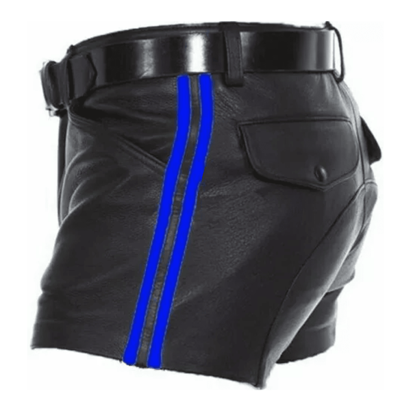 Men's leather shorts,
Black leather shorts for men,
Leather fetish shorts,
Leather shorts with side stripes,
Retro leather shorts,
Leather clubwear for men,
Fetish leather shorts men,
High waisted leather shorts,
Genuine leather shorts men,
Blue striped leather shorts,
Men's party leather shorts,
Cosplay leather shorts,
Leather shorts for festivals,
Bold leather fashion for men,
Stylish leather shorts men's wear,
Black leather shorts with Blue racing stripes,
Men's high-rise leather shorts with belt,