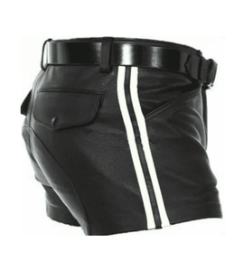 Genuine leather shorts men,
White striped leather shorts,
Men's party leather shorts,
Cosplay leather shorts,
Leather shorts for festivals,
Bold leather fashion for men,
Stylish leather shorts men's wear,
Black leather shorts with white racing stripes,
Men's high-rise leather shorts with belt,
Custom fit leather shorts for men,
Men's edgy street style leather shorts,
Designer men's leather shorts for clubbing,
Durable genuine leather fetish shorts,