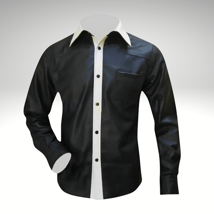 Men’s leather shirt,
Black leather shirt,
Genuine leather shirt,
Leather dress shirt men,
Leather button down shirt,
Long sleeve leather shirt,
Men’s black leather shirt,
White contrast collar shirt,
Leather casual shirt men,
Real leather shirt for men,
Stylish leather shirt,
Leather fashion shirt,
Designer leather shirt men,
Leather shirt with pocket,
Men’s black genuine leather shirt with white collar,
Black leather shirt for casual and formal wear,
Real leather shirt with button placket and pocket
