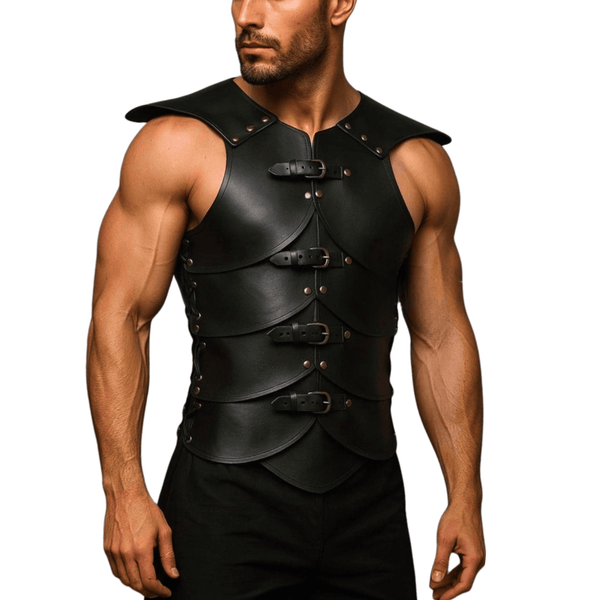 Men’s black leather gladiator costume,
Roman gladiator leather outfit,
Leather warrior costume for men,
Gladiator cosplay leather armor,