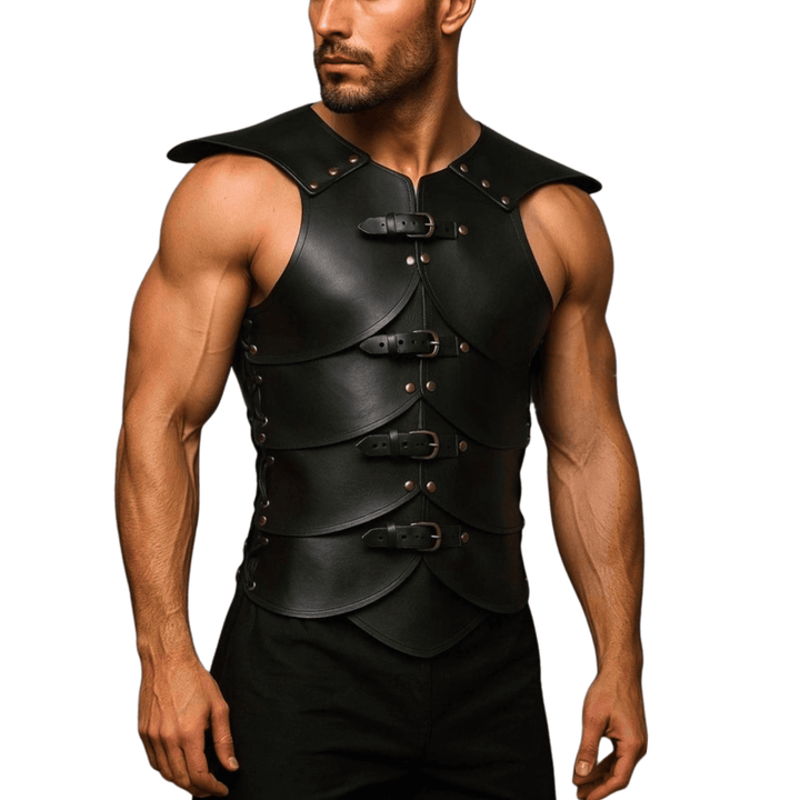 Men’s black leather gladiator costume,
Roman gladiator leather outfit,
Leather warrior costume for men,
Gladiator cosplay leather armor,