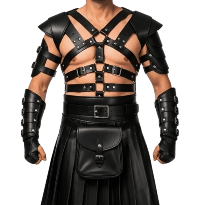 fetish leather kilt with harness,
men’s leather gladiator kilt with harness,
leather fetish kilt outfit with chest harness,
handmade leather gladiator costume for men,
men’s leather cosplay gladiator kilt with straps,
premium leather fetish wear set with harness,
leather pride outfit with kilt and wristbands,
gladiator leather kilt for gay clubwear,