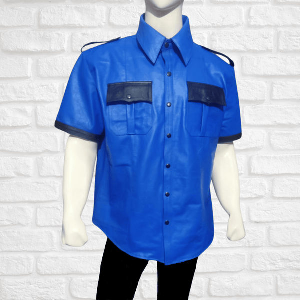 Mens Short Sleeve Blue Leather Shirt