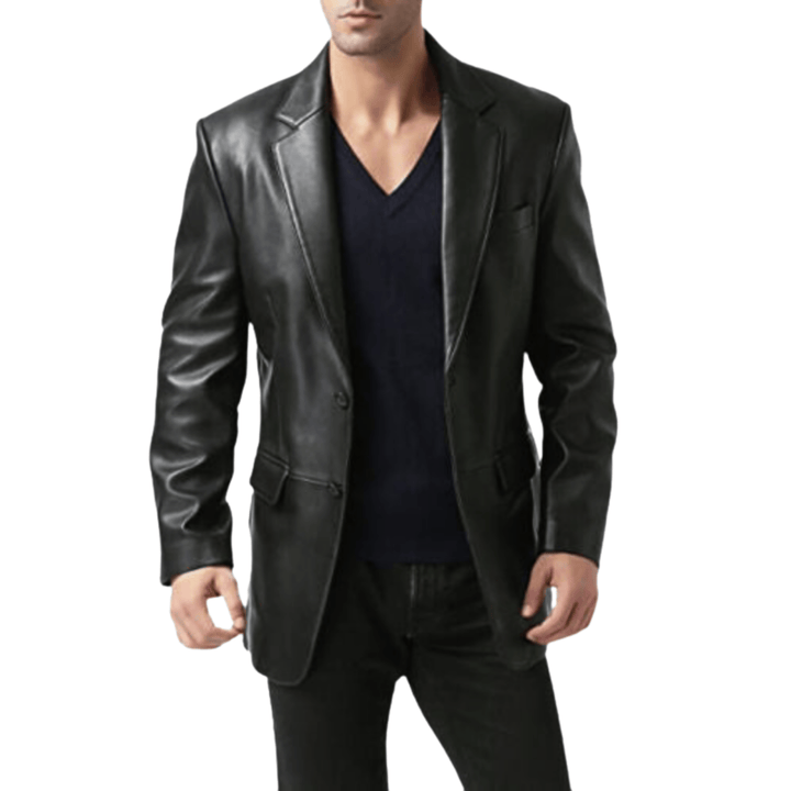 Genuine leather two-button blazer jacket,
Real leather coat for men casual and business,
Men’s tailored leather blazer with pockets,
Leather blazer for men evening wear,
Men’s luxury leather blazer jacket,
Smart casual leather jacket for men,
Classic fit leather blazer for office and events,
Stylish men’s blazer in genuine black leather,
Men’s modern leather suit coat,