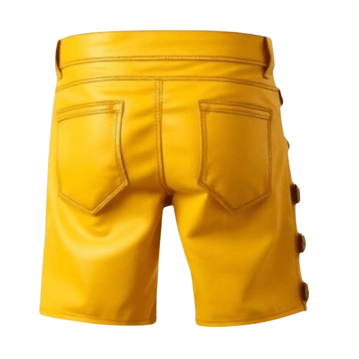men’s yellow leather shorts with buckles,
handmade leather shorts for men,
real leather fetish shorts men,
custom leather shorts for men,
leather biker shorts for clubwear,
bold men’s leather shorts for parties,
premium yellow leather shorts men,
streetwear leather shorts for men,