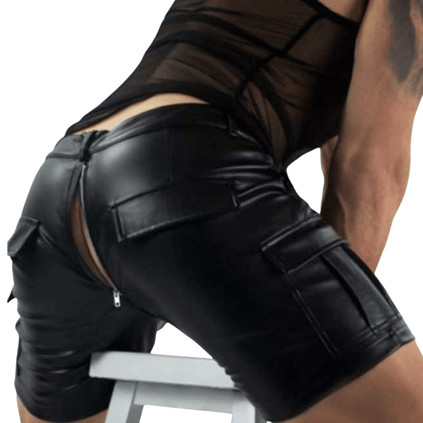 Men's Black Real Leather Cargo Shorts with Rear Zipper
