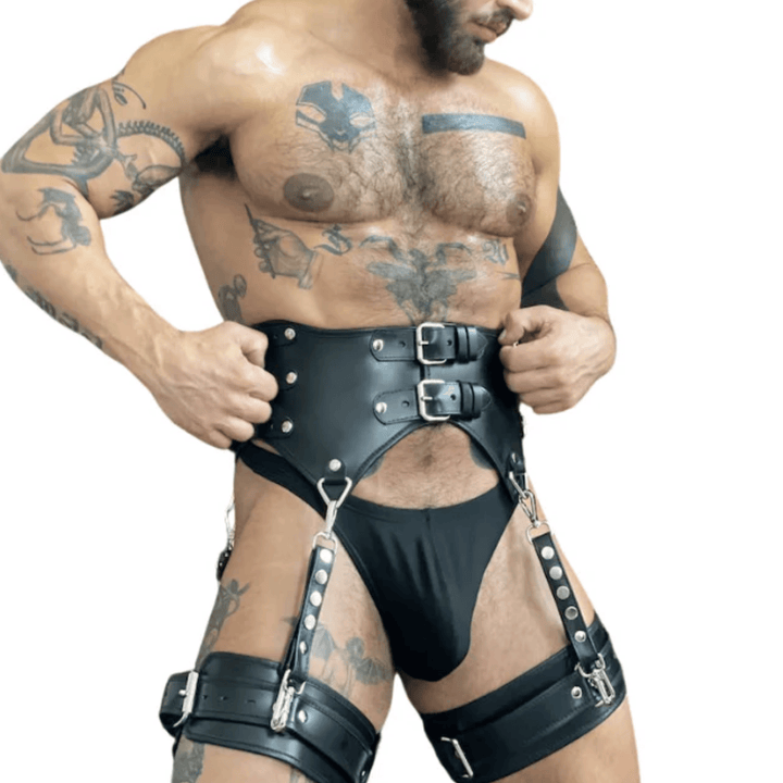 men's leather harness,
genuine leather corset men,
leather thigh strap harness,
male bondage gear,
leather fetish outfit men,
BDSM leather gear men,
leather body harness men,
real leather male lingerie,
gay leather outfit,
leather torso harness,
erotic leather gear men,
leather cosplay costume male,
men's fetish wear leather,
leather jockstrap harness,
gladiator leather harness men