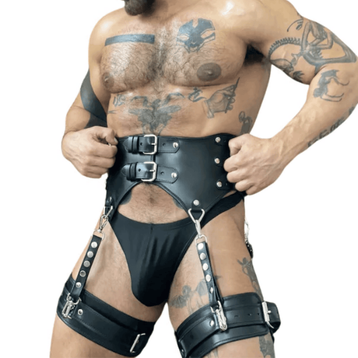 men's leather harness,
genuine leather corset men,
leather thigh strap harness,
male bondage gear,
leather fetish outfit men,
BDSM leather gear men,
leather body harness men,
real leather male lingerie,
gay leather outfit,
leather torso harness,
erotic leather gear men,
leather cosplay costume male,
men's fetish wear leather,
leather jockstrap harness,
gladiator leather harness men