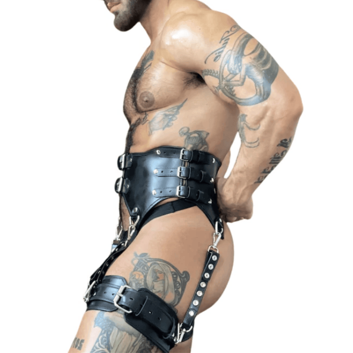 mens bondage gear Men's Genuine Leather Corset Harness with Adjustable Thigh Straps – Attileo Leather USA