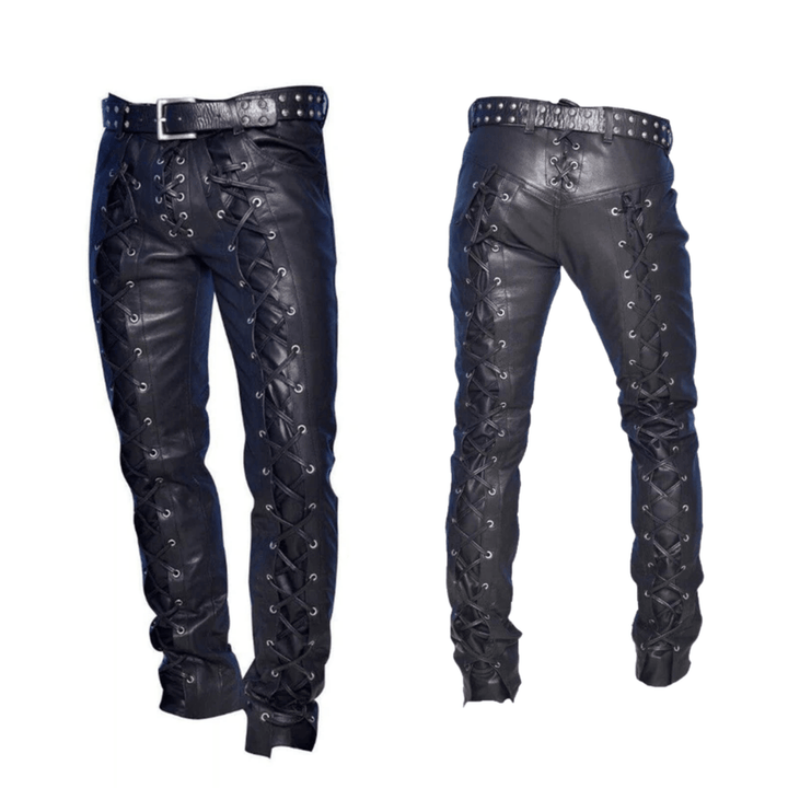 Mens Black Genuine Leather Front and Back Lace Up Handmade Stylish Casual Wear Custom Leather Pants Trousers Lederhosen