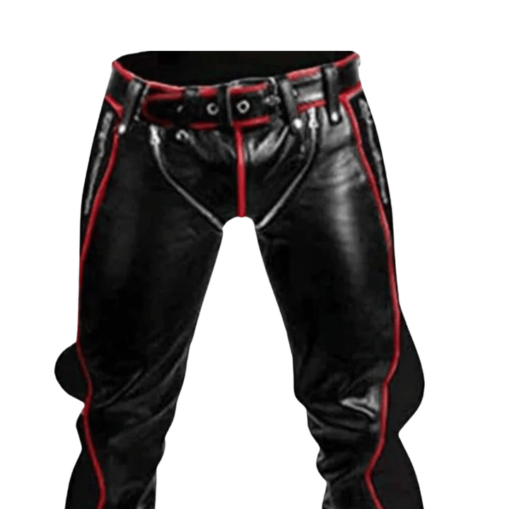 Red striped leather pants,
Stylish men's leather trousers,
Fashion leather pants,
Punk leather pants men,
Clubwear leather pants,
Cosplay leather pants,
Gothic leather pants,
Rocker leather pants,
Motorcycle leather pants,
Men’s edgy leather wear,
Black real leather pants with red stripes,
Slim fit biker leather pants for men,
Men’s leather clubwear with red accents,
Gothic punk leather pants for cosplay,
Stylish men’s leather trousers for nightlife,
Red trimmed leather pants for bikers