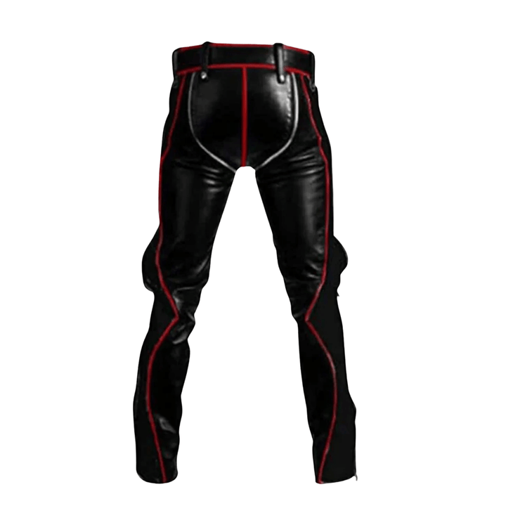 Men's leather pants,
Black leather pants,
Leather biker pants,
Slim fit leather pants,
Real leather pants for men,
Leather pants with red piping,
Red striped leather pants,
Stylish men's leather trousers,
Fashion leather pants,
Punk leather pants men,
Clubwear leather pants,
Cosplay leather pants,
Gothic leather pants,
Rocker leather pants,
Motorcycle leather pants,
Men’s edgy leather wear,
Black real leather pants with red stripes