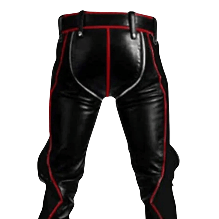 Gothic leather pants,
Rocker leather pants,
Motorcycle leather pants,
Men’s edgy leather wear,
Black real leather pants with red stripes,
Slim fit biker leather pants for men,
Men’s leather clubwear with red accents,
Gothic punk leather pants for cosplay,
Stylish men’s leather trousers for nightlife,
Red trimmed leather pants for bikers,
Men’s slim leather pants with zipper pockets,
Real leather biker trousers for men,
Custom fit red and black leather pants