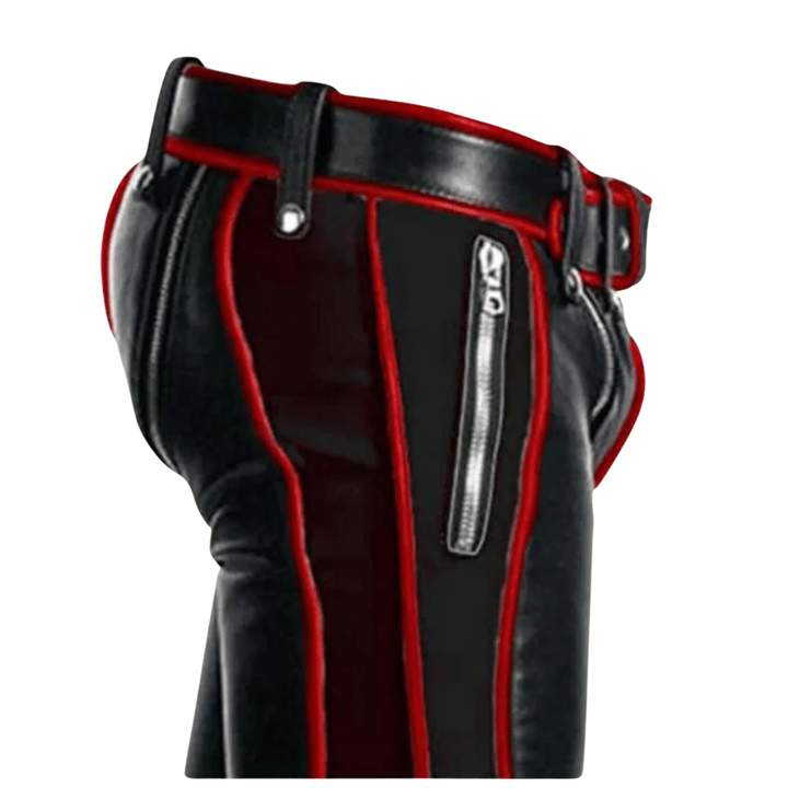 Motorcycle leather pants,
Men’s edgy leather wear,
Black real leather pants with red stripes,
Slim fit biker leather pants for men,
Men’s leather clubwear with red accents,
Gothic punk leather pants for cosplay,
Stylish men’s leather trousers for nightlife,
Red trimmed leather pants for bikers,
Men’s slim leather pants with zipper pockets,
Real leather biker trousers for men,
Custom fit red and black leather pants,
Leather pants for men party wear
