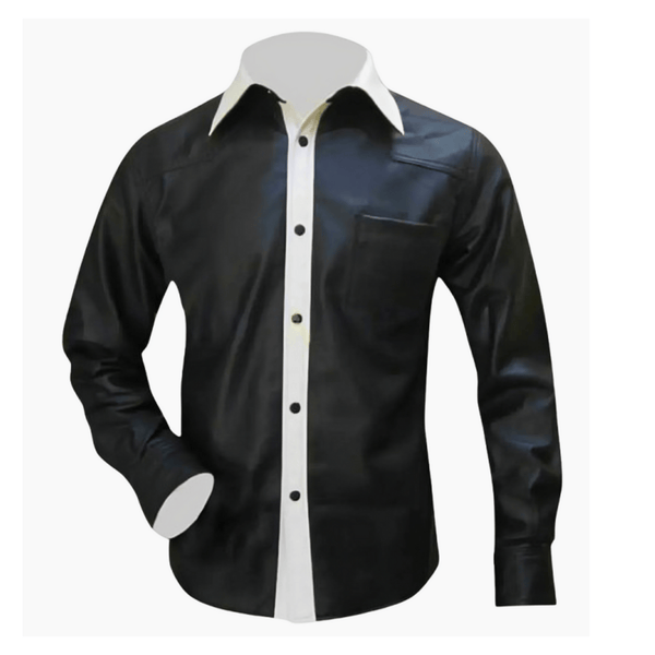 Men’s leather shirt,
Black leather shirt,
Genuine leather shirt,
Leather dress shirt men,
Leather button down shirt,
Long sleeve leather shirt,
Men’s black leather shirt,
White contrast collar shirt,
Leather casual shirt men,
Real leather shirt for men,
Stylish leather shirt,
Leather fashion shirt,
Designer leather shirt men,
Leather shirt with pocket,
Men’s black genuine leather shirt with white collar,
Black leather shirt for casual and formal wear,
Real leather shirt with button placket and pocket,