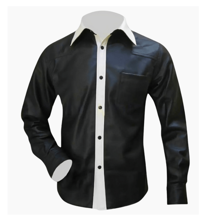 Men’s leather shirt,
Black leather shirt,
Genuine leather shirt,
Leather dress shirt men,
Leather button down shirt,
Long sleeve leather shirt,
Men’s black leather shirt,
White contrast collar shirt,
Leather casual shirt men,
Real leather shirt for men,
Stylish leather shirt,
Leather fashion shirt,
Designer leather shirt men,
Leather shirt with pocket,
Men’s black genuine leather shirt with white collar,
Black leather shirt for casual and formal wear,
Real leather shirt with button placket and pocket,