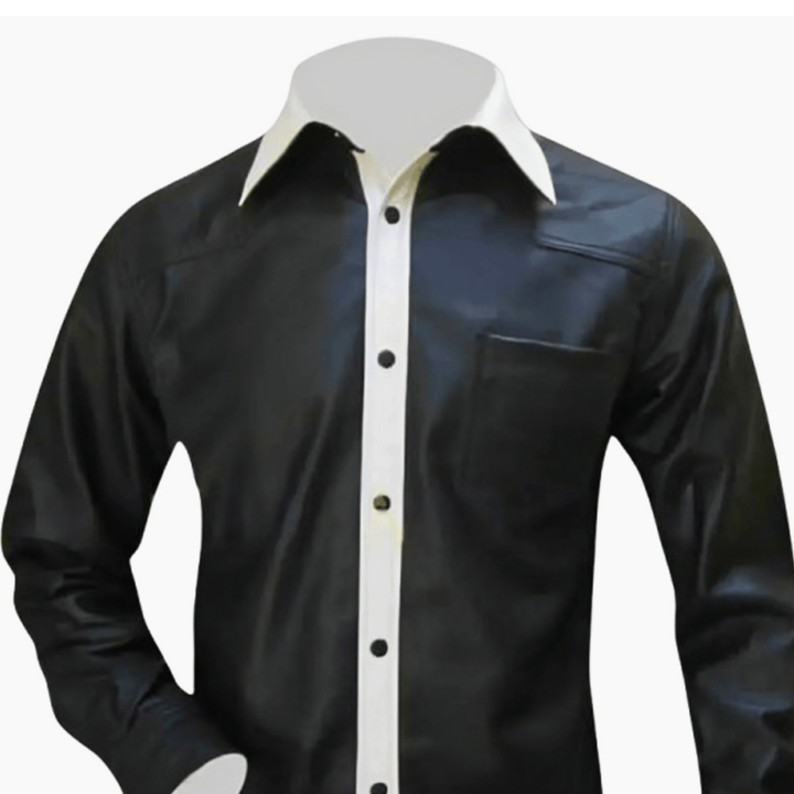 Men’s leather shirt,
Black leather shirt,
Genuine leather shirt,
Leather dress shirt men,
Leather button down shirt,
Long sleeve leather shirt,
Men’s black leather shirt,
White contrast collar shirt,
Leather casual shirt men,
Real leather shirt for men,
Stylish leather shirt,
Leather fashion shirt,
Designer leather shirt men,
Leather shirt with pocket,
Men’s black genuine leather shirt with white collar,
Black leather shirt for casual and formal wear,
Real leather shirt with button placket and pocket,