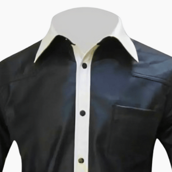 Men’s leather shirt,
Black leather shirt,
Genuine leather shirt,
Leather dress shirt men,
Leather button down shirt,
Long sleeve leather shirt,
Men’s black leather shirt,
White contrast collar shirt,
Leather casual shirt men,
Real leather shirt for men,
Stylish leather shirt,
Leather fashion shirt,
Designer leather shirt men,
Leather shirt with pocket,
Men’s black genuine leather shirt with white collar,
Black leather shirt for casual and formal wear,
Real leather shirt with button placket and pocket,
